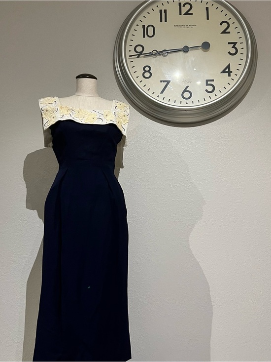 Vintage Dresses & Skirts - Vintage Navy Midi Dress with Ivory Embroidered Yoke